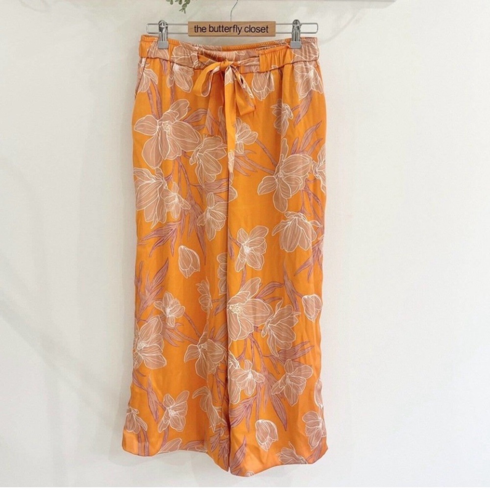 Joie Orange Floral Satin Palazzo Pants Belted Size 8 Wide Leg
